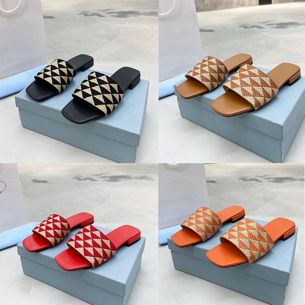 

women slippers designers braided sandals fashion embroidered fabric slides metal triangle flat flip flops ladies plaid beach shoes, Black