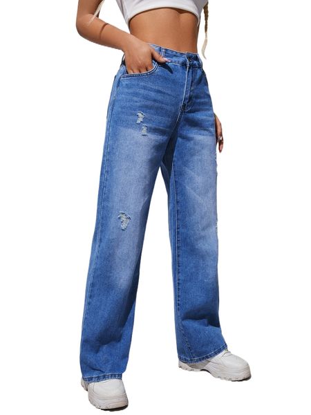 

ripped straight leg jeans r84f#, Blue