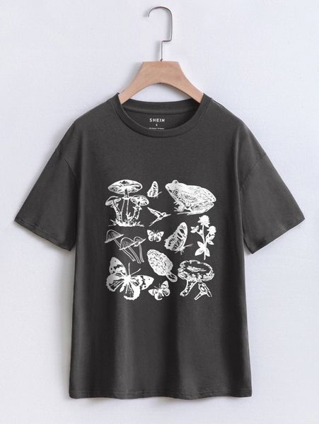 

butterfly & plants print t-shirt u5sz#, White