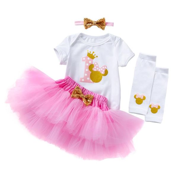 Set di abbigliamento 1 ° compleanno Set per bambina Tutina in cotone nato Gonna tutù rosa Fascia per capelli 4 pezzi / set Vestiti per neonatiSet di abbigliamentoAbbigliamento