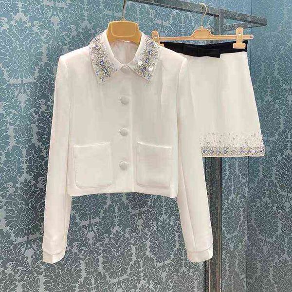 

white suit jacket handmade nail bead inlaid diamond versatile skirt two-piece autumn new style