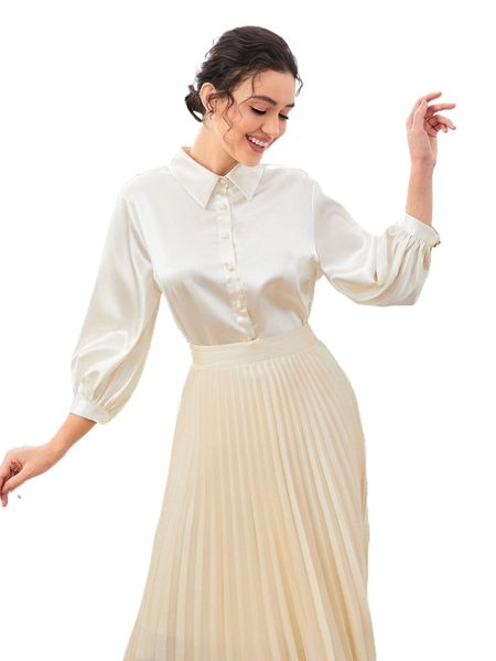 

solid knot cuff button front satin shirt c1pf#, White