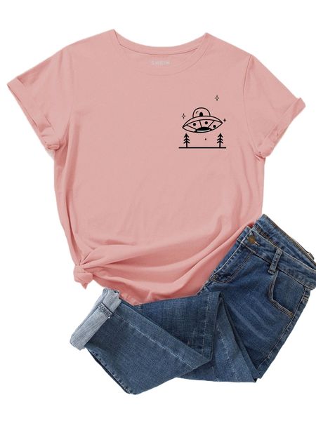 

spaceship & tree print tee b0fd#, White