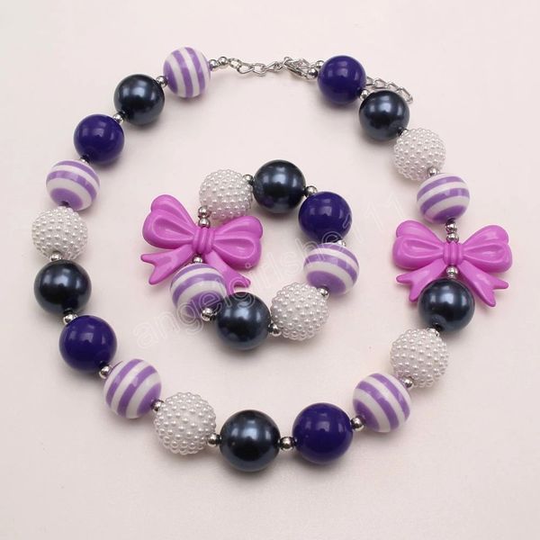 

colorful beads necklace bracelets for kids child cute bowknot chunky jewelry set handmade party accessories, Red;brown