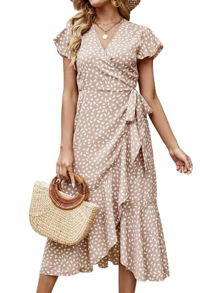 

allover print butterfly sleeve wrap knot side dress l0au#, Black;gray