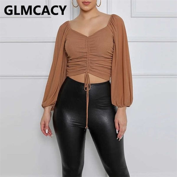 

women long sleeve square neck draw string solid color t-shirt 210702, White