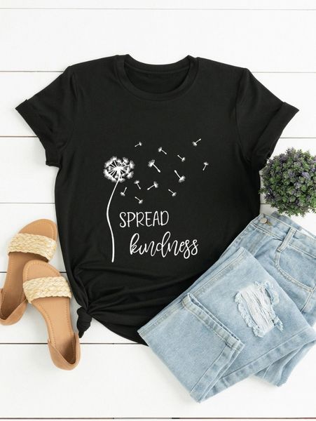 

plus dandelion & letter graphic tee z9r4#, Black