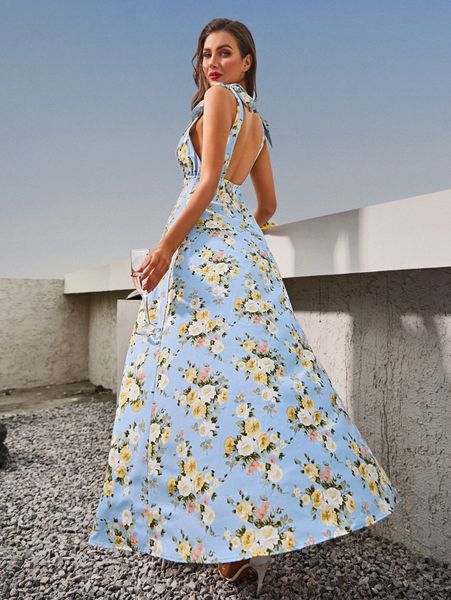 

sbetro floral print tie shoulder backless maxi dress m0xa#, Black;gray