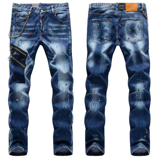 

men's jeans trendy brand fashion trendy men's pants chain decoration contrast color zipper hand-painted ink paint jeans jtjh, Blue