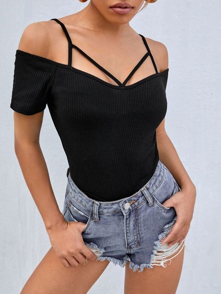 

cold shoulder rib knit tee 54bg#, White