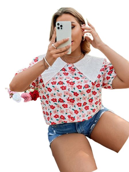 

plus allover floral print statement collar puff sleeve blouse m6fc#, Black