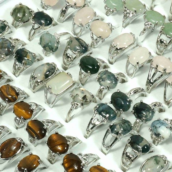

mix crystal rings bulk wholesale stone healing jewelry for women tiger eye moss agate rose quartz aventurine red grey agate 100 pieces with, Golden;silver