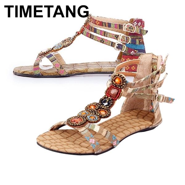 

timetang 2021new arrivals new women summer bohemian style zipper flats shoes beading casual open toe sandalse461 210226, Black