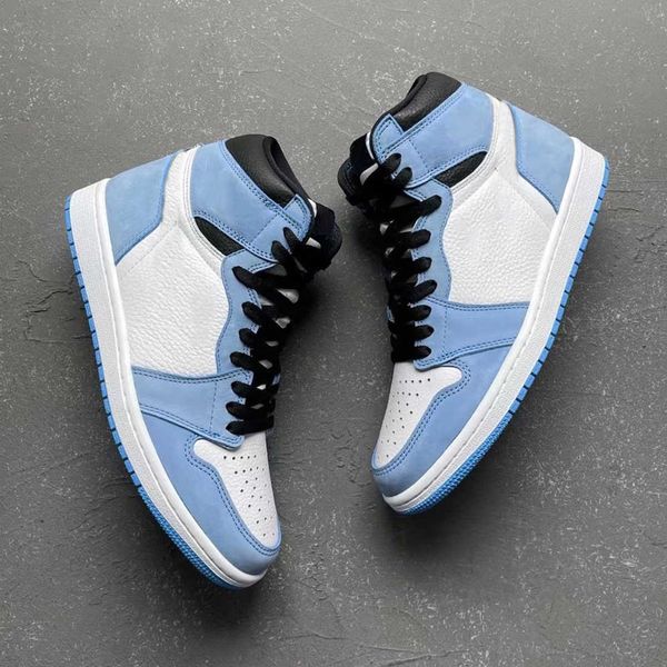 

with box 1 high og university blue basketball shoes womens unc leather white back 1s men women trainers sports sneakers, Black