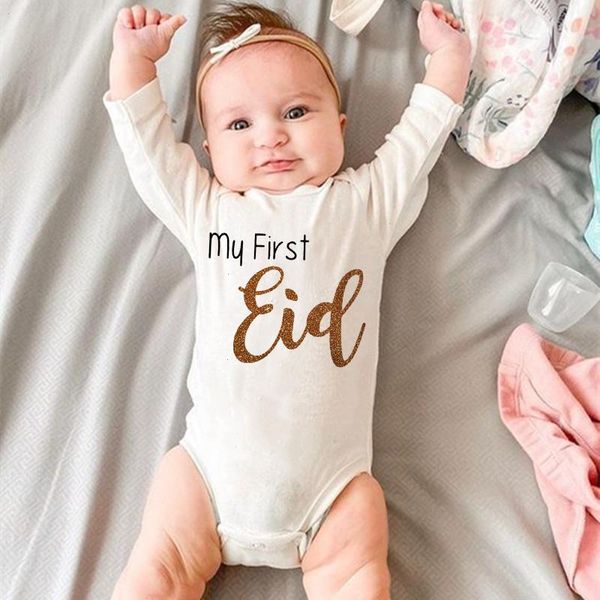 

my first eid print newborn romper infant clothes festive party baby toddler jumpsuits boys girls long sleeve bodysuits ramadan outfits, Blue