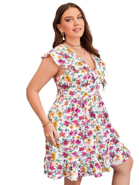 

plus floral print ruffle hem dress 48nq#, Black