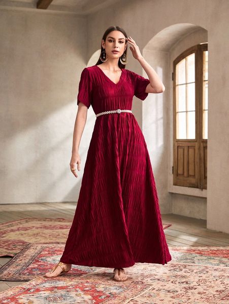 

solid v-neck belted maxi dress 65iu#, Black;gray