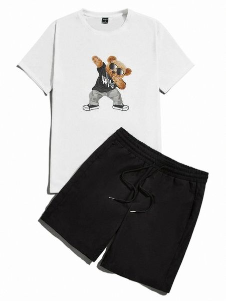 

men bear & letter graphic tee & drawstring waist shorts n1qi#, Gray