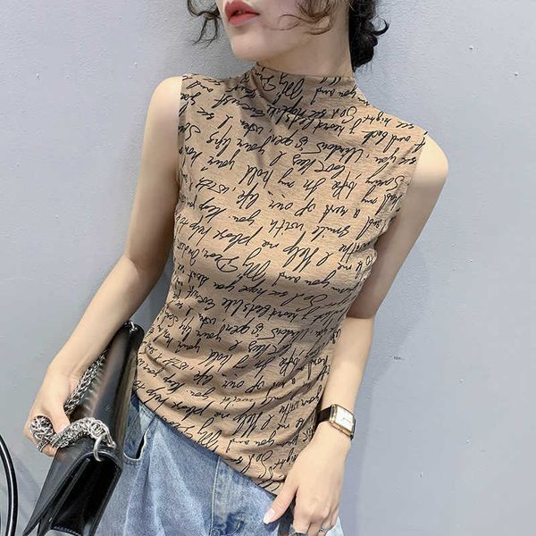 

autumn new fashion printed letters sleeveless half high neck t-shirt women's slim comfortable vests halter top, White