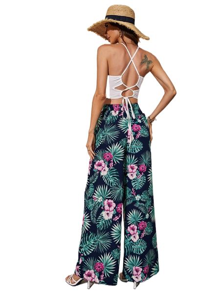 

solid lace up back halter & tropical print wide leg pants y33o#, White