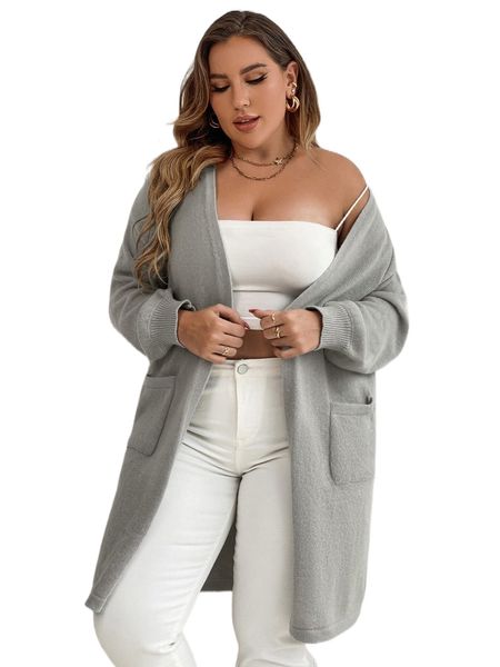 

plus drop shoulder pocket patched duster cardigan 27ae#, Black