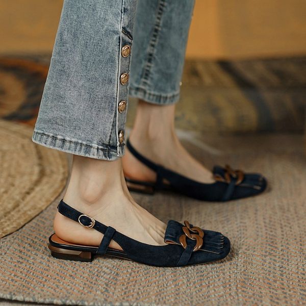 

tassel fringe dark blue nude sheepskin slingbacks sandals shoes women buckle low heel fashion wedding dress shoes, Black