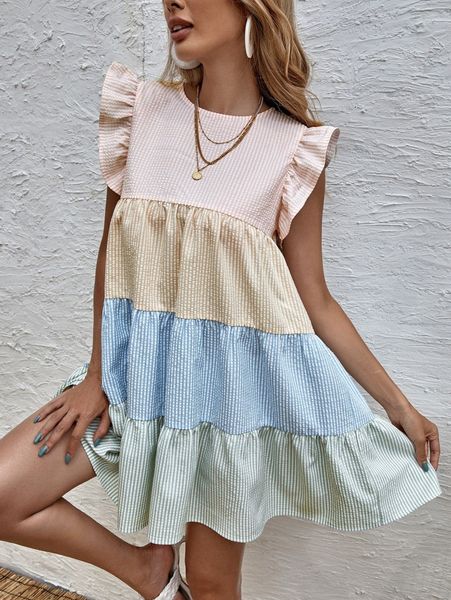 

colorblock striped babydoll dress 47z8#, Black;gray