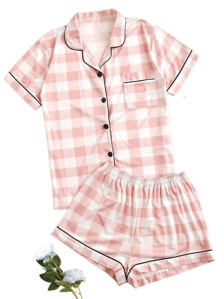 

buffalo plaid piping trim pj set p5k6#, Black;red