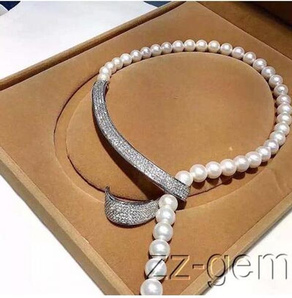 

long 2510mm sea shell pearls necklace-cz micro pave connector earring set, Silver