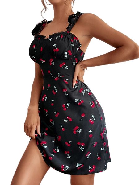 

cherry p.rint frilled tie shoulder d.ress 54q1#, Black;gray