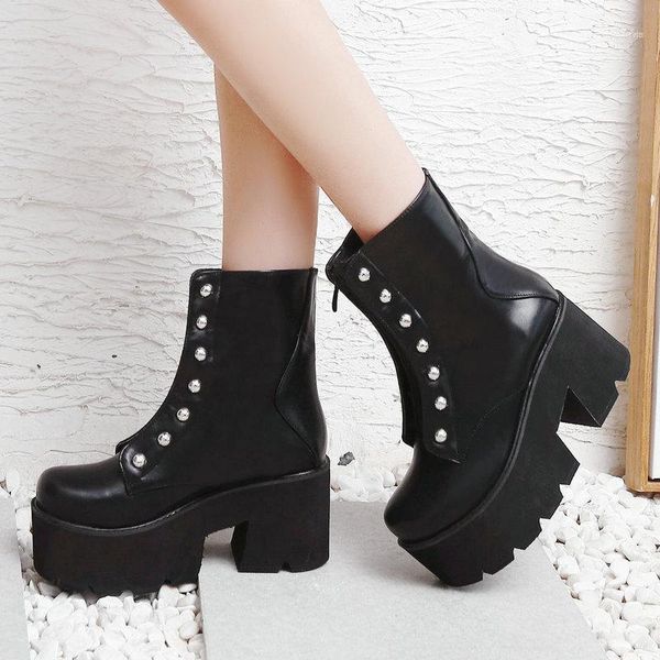 

boots black fashion platform spring autumn women chunky high heel ankle punk style thick bottom woman shoes