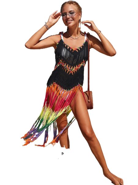 

fringe hem cut out tie shoulder cover up k2pk#, White;black