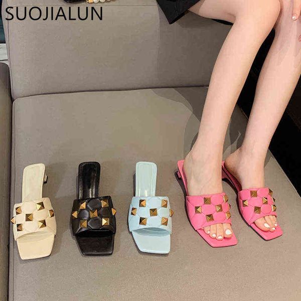 

suojialun zomer vierkante teen vrouwen slipper modemerk klinknagel lage hak slides outdoor strand sandalen slippers schoenen 220509, Black
