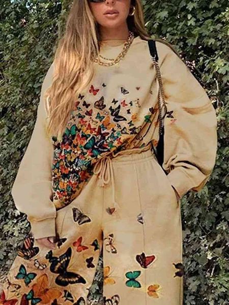 

women's two piece pants 2022 women's casual round neck loose printing basic sweater set autumn vh0t, White