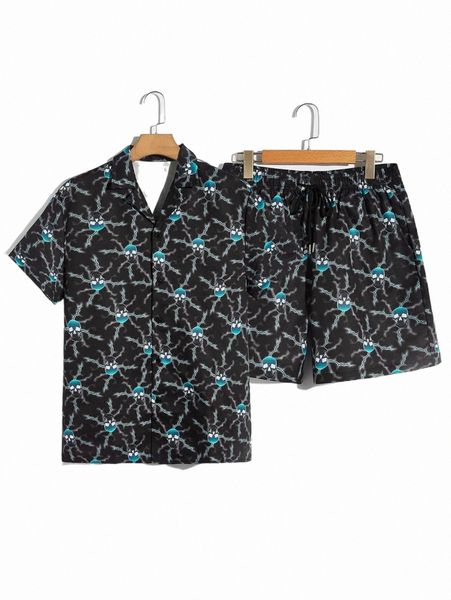 

romwe guys skull & lightning print shirt & shorts j6pw#, Gray