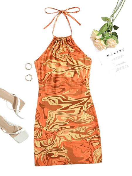 

marble print ruched halter dress y2ib#, Black;gray