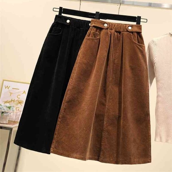 

lucyever plus size women corduroy skirt autumn winter vintage harajuku loose aline female long skirt high waist lady faldas 4xl 210325, Black