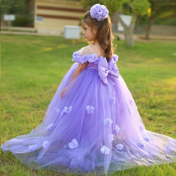 Kız Elbiseleri Mor çiçek kız 2022 3D Büyük Yay Balo Kıyafetleri O-boyunlu Tül Omuzdan Omuzlu Sevimli Kabarık Kızlar Doğum Günü Partisi Dressgirl
