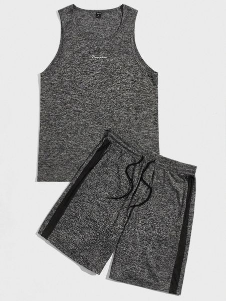 

men letter graphic tank & drawstring waist track shorts set x88l#, Gray