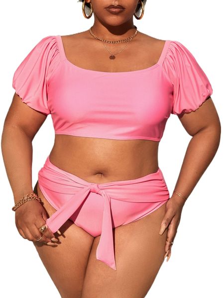 

plus plain knot front bikini swimsuit j7kc#, White;black