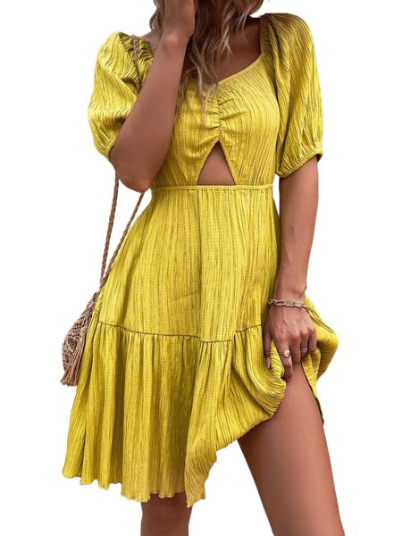 

puff sleeve ruched cut out ruffle hem dress r0zf#, Black;gray