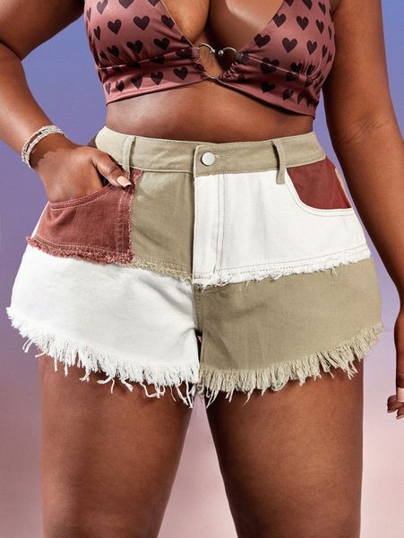 

sxy plus high waist colorblock raw trim denim shorts v6cz#, White;black