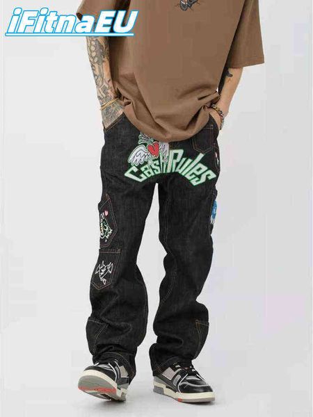 

jeans with print denim overalls hip hop cargo pants baggy y2k men jean pant women wide man oversize trendyol black vintage men's x22071, Blue