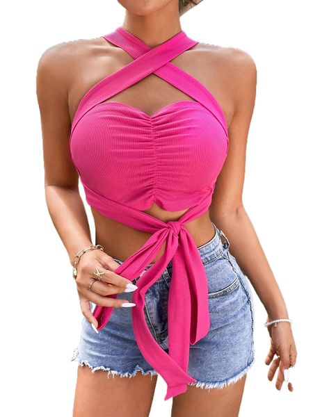 

crisscross ruched knot front crop tank g2wd#, White