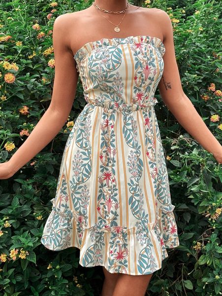 

floral print frill trim ruffle hem tube dress f8mo#, Black;gray