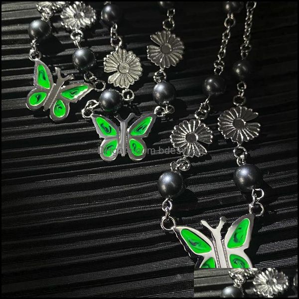 

pendant necklaces pendants jewelry new daisy green butterfly black pearl necklace niche design short sweater chain clavicle men and women, Silver