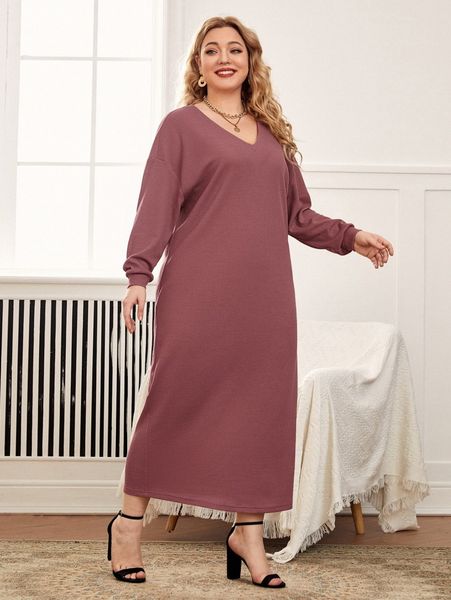 

plus drop shoulder rib-knit tee dress i7s1#, Black