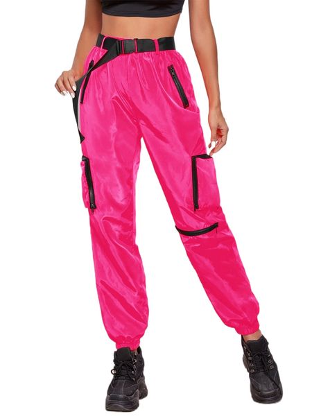 

zipper patch pocket push buckle belted wind joggers j05y#, Black;white