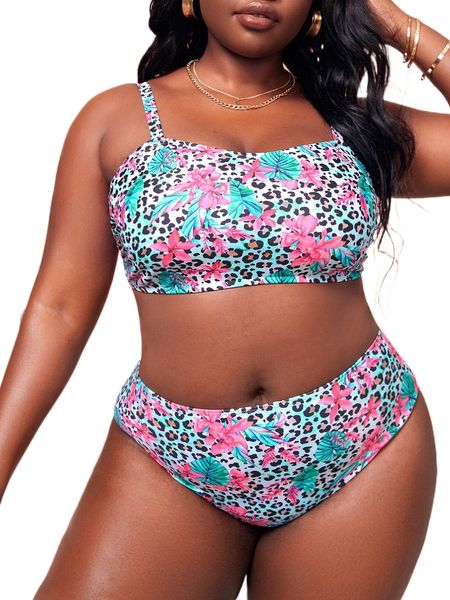 

plus leopard & tropical print bikini swimsuit a5qu#, White;black