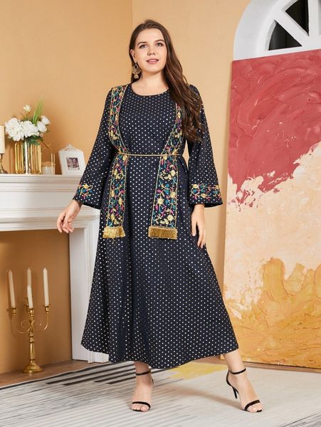 

plus gold polka dot print floral embroidery belted dress 01kb#, Black
